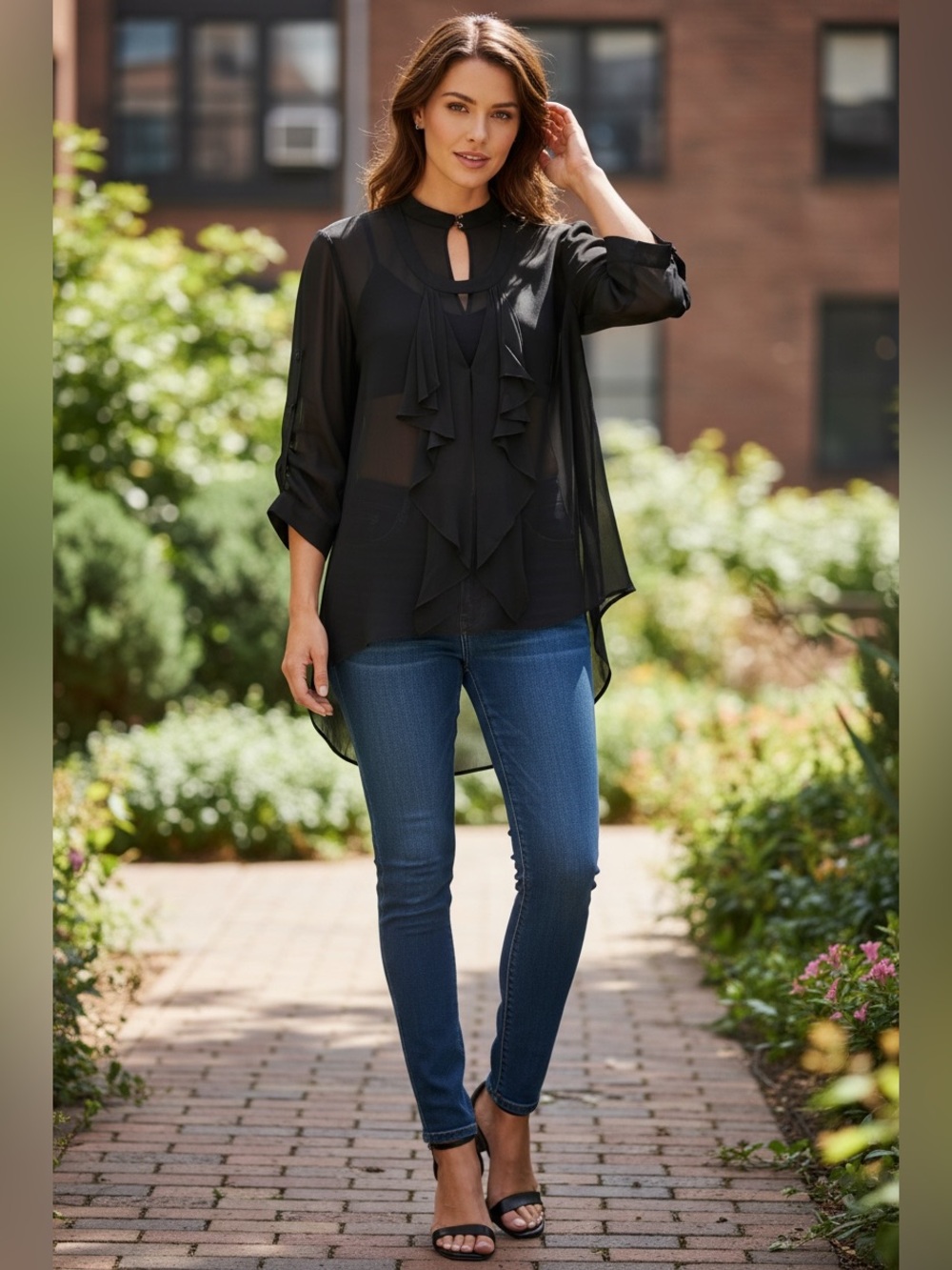 BCBGMAXAZRIA “Enya” Black Sheer Ruffle Blouse – Medium – NWT – $198 Retail